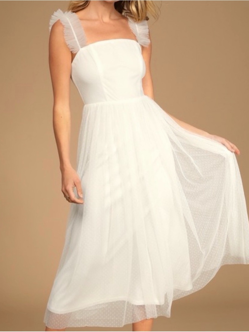 Lulu's White Midi Tulle Dress with Ruffled Straps - Picture 1 of 4